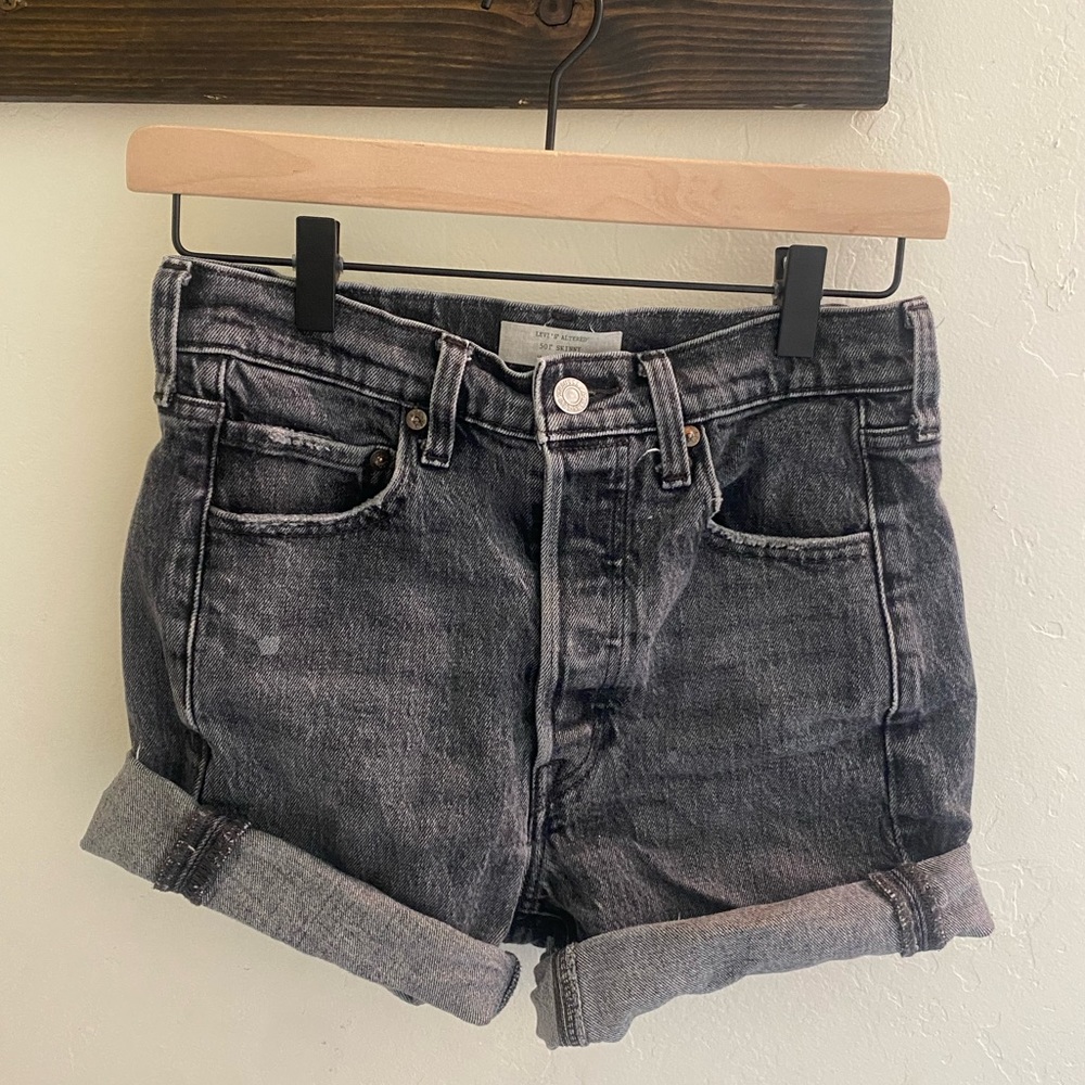 High waist vintage Black LEVI denim cut off shorts , button-up . Size 26
